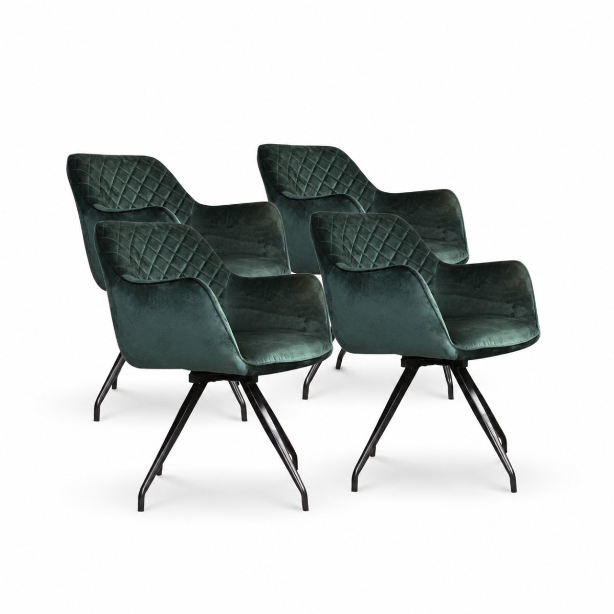 DS4U® - Romy eetkamerstoel - Set van 4 - Donkergroen - Met armleuning - Velvet - 360 draaibaar