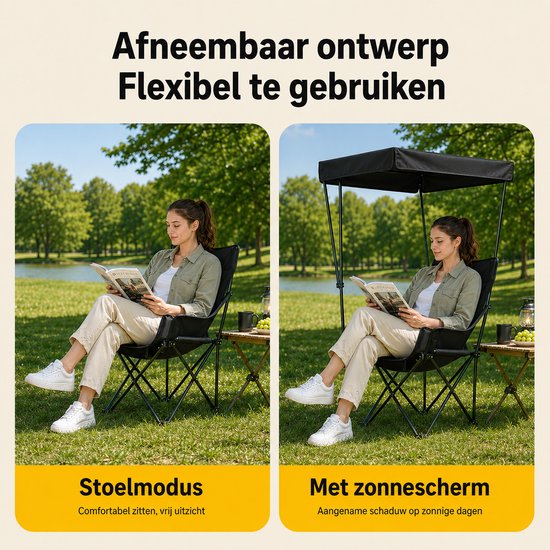Gloovon® Campingstoel met Zonnedak - Opvouwbaar & Comfortabel - Versterkt 16mm Carbonstalen Frame - Belastbaar tot 140kg - Zwart van gloovon — afbeelding 5