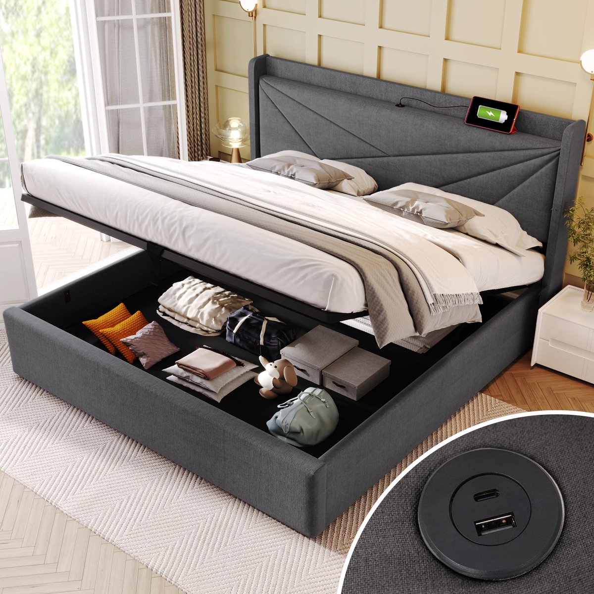 DESMIU Gestoffeerd Bed 140x200cm – Tweepersoonsbed Met USB-C Oplaadfunctie – Opbergruimte Onder Bed – Voor Slaapkamer En Jeugdruimte – Linnenlook – Grijs – Zonder Matras