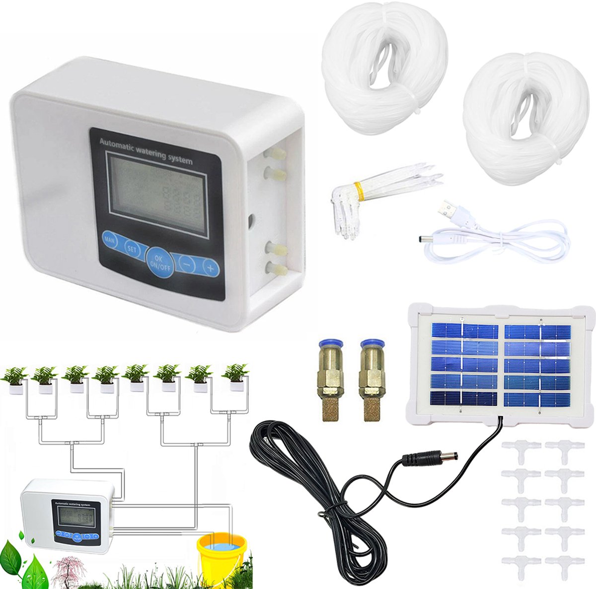 Automatisch bewateringssysteem met dubbele pomp op zonne-energie – Getimede bewatering – Beregeningscontroller voor balkontuin – Druppelirrigatie – Plantenbewateraar – Inclusief dubbele pompen, 20 meter slang, 30 druppelaars en 30 T-stukken