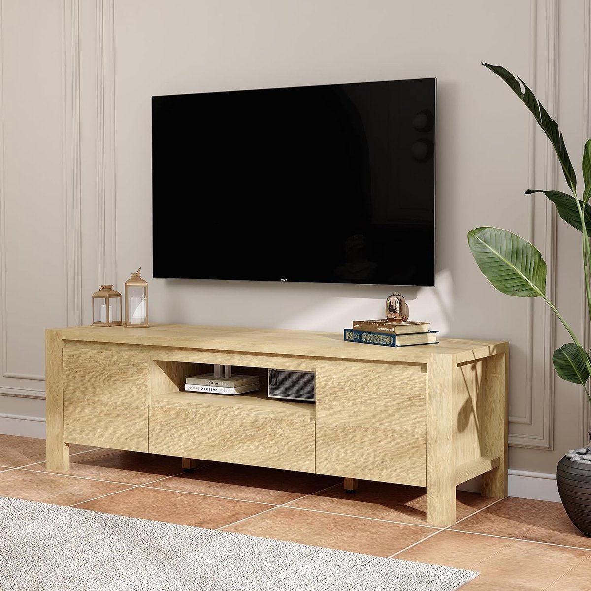 TV-meubel 160 cm met deuren en kast-met open middenvak en verstelbare plank-tv-meubel voor