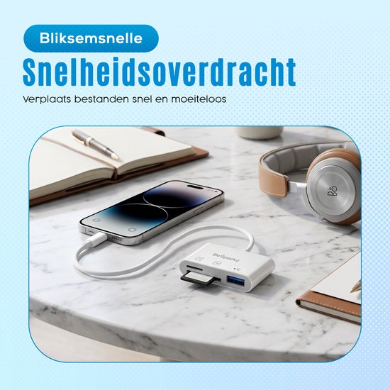 Witte BeSparkz SD-kaartlezer met USB-C-poort, aangesloten op een iPhone. Met "Bliksemsnelle Snelheidsoverdracht" tekst.