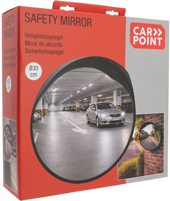 Emballage d'un miroir de sécurité Carpoint, avec une image d'un parking et un petit miroir sur un mur de briques.