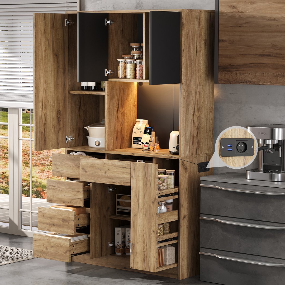 REDOM - Buffetkast - LED-verlichting met kleurwissel - Verstelbare legplanken - Ingebouwde stopcontacten en oplaadpoorten - Moderne stijl - Keuken - MDF - Zwart en naturel - 185 x 105 x 40 cm