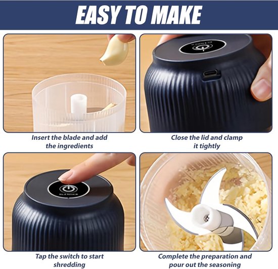 Mini Elektrische Hakker 300 ml Draadloze Hakker voor Keuken met USB Poort - Ideaal voor Knoflook, Uien, Groenten, Fruit en Noten van Merkloos — afbeelding 5