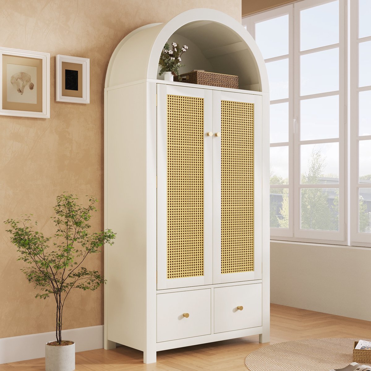 Kledingkast 181x78x45 cm - met rieten vlechtwerk - halfopen ronde planken - 2 deuren met magnetische sluiting - 2 lades - wit