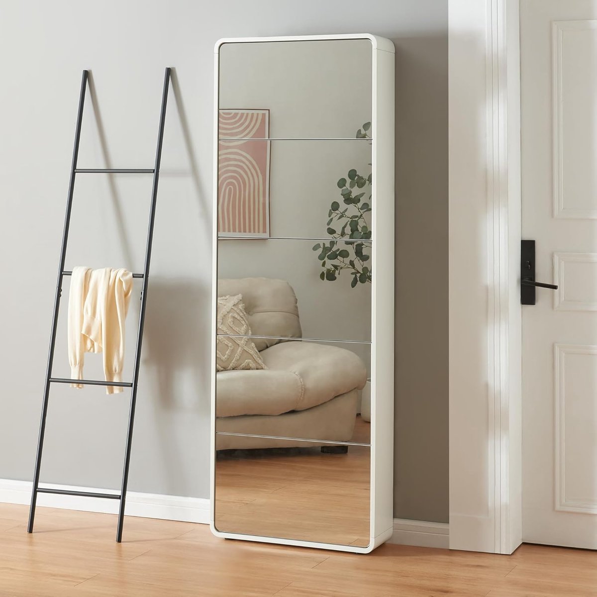 Schoenenkast met 5 Kleppen en Spiegel – House&Garden Smalle Schoenenopbergkast 10 Paar – Ruimtebesparende Schoenencommode Wit 180x63x20 cm – Moderne Hal Organizer met Spiegeldeur – Schoenenrek voor Entree & Gang