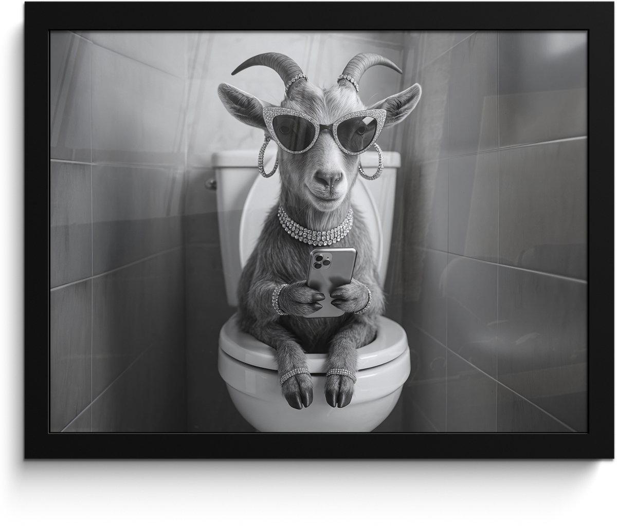Poster in lijst - Fotolijst 40x30 cm - Posters - Geit - Telefoon - Toilet - Zwart - Wit -