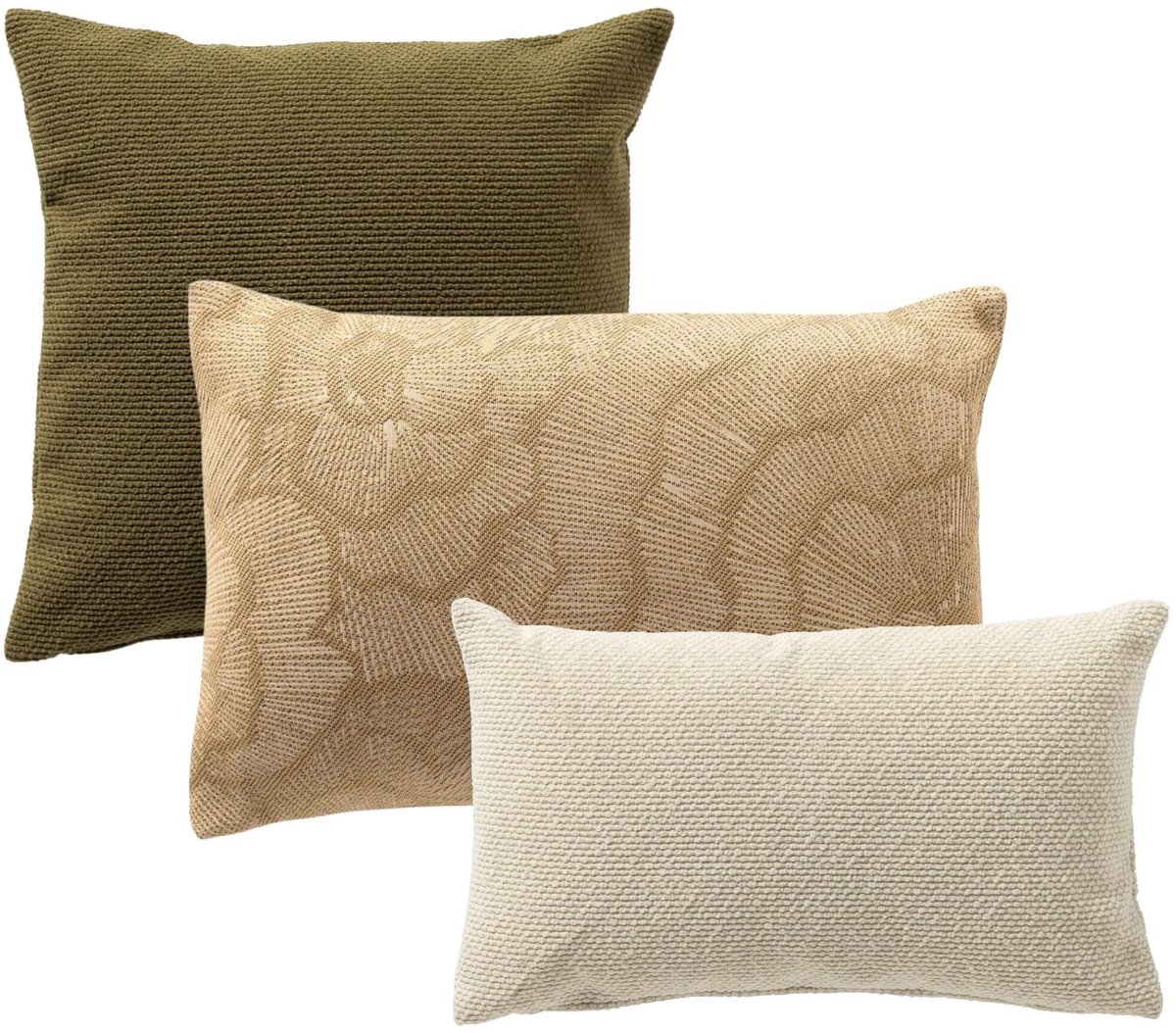 Dutch Decor KUSSENSET - 3-delig - Natural Plains - 45x45 cm, 40x60 cm, 30x50 cm - inclusief binnenkussens - groen, beige - Met Ritssluiting – Decoratie set sierussens - Comfortabele kussentjes voor op de Bank