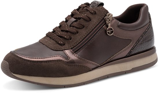 Bruine damessneaker met rits, metallic en crocoprint details, zij aanzicht.