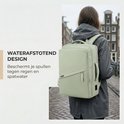 Mintgroene waterafstotende rugzak met een vrouw erop, beschermt tegen regen.
