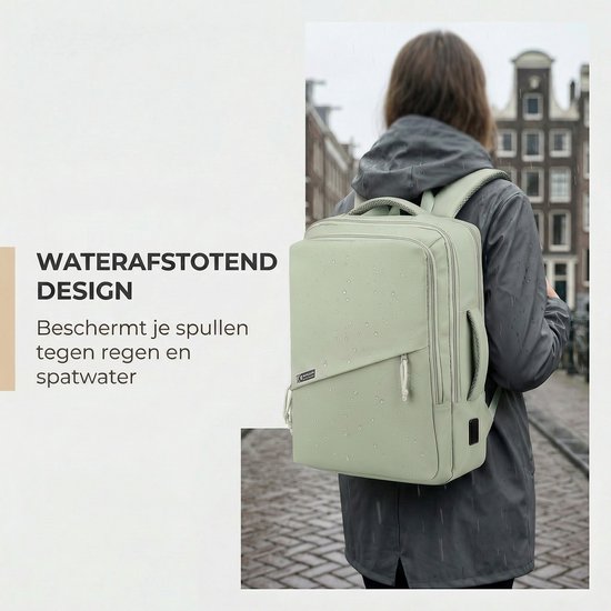 Mintgroene waterafstotende rugzak met een vrouw erop, beschermt tegen regen.