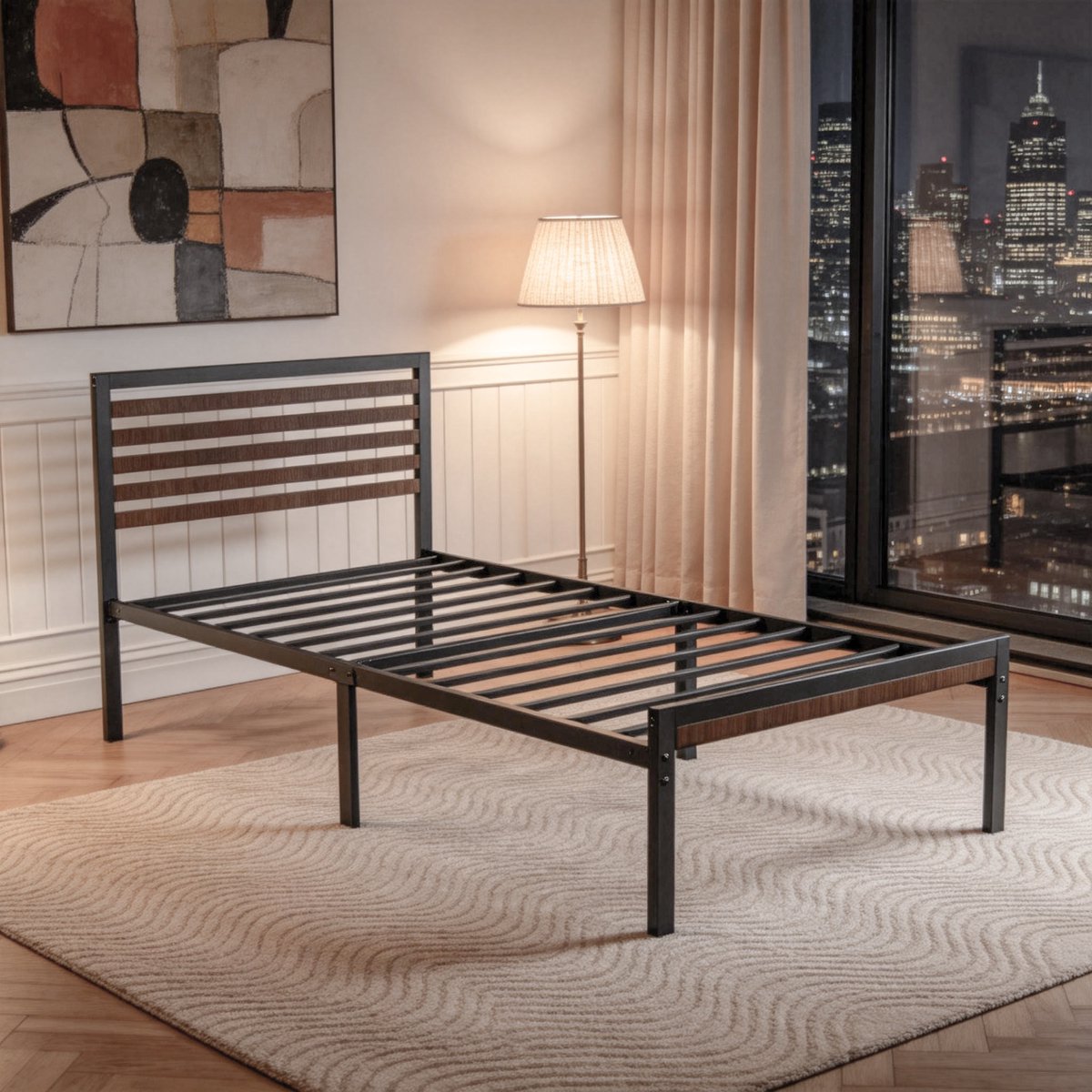 ACXIN Metallbed 90x200 cm met Houten Hoofdbord en Stalen Lattenbodem - Stevig Bedframe van Metaal - Belastbaar tot 200 kg - Modern Logeerbed en Tienerbed voor Appartement en Gastenkamer Zwart