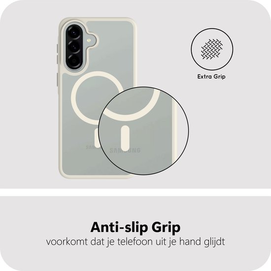 Doorzichtige telefoonhoes met ivoren rand en MagSafe-ring. Vergrootglas toont extra grip aan de binnenkant.