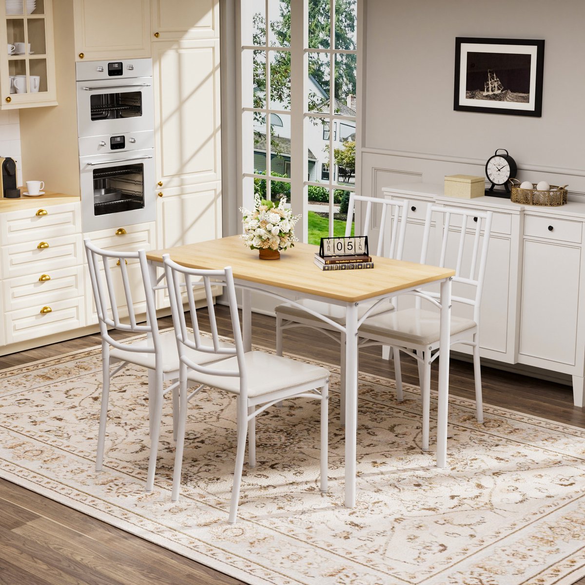 OKWISH Eethoek 110 x 60 cm - Tafel Met 4 Stoelen - Ruimtebesparend Industrieel Design - Spaanplaat En Staal - Naturel Wit Naturel en Wit