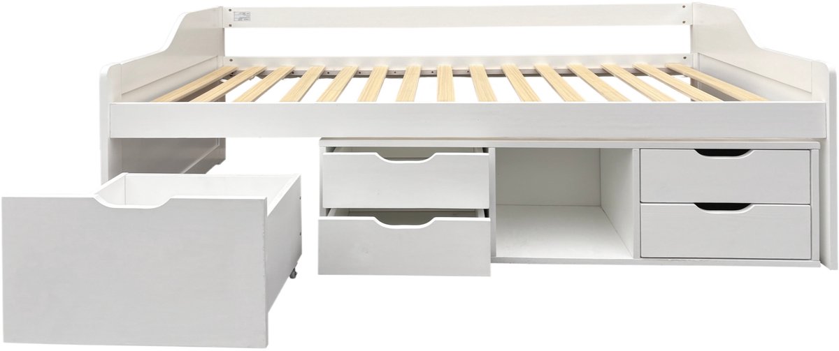 Daybed 90x190 cm Slaapbank (zonder matras), eenvoudig kinderbed, wit grenenhout en MDF met opbergruimte en lades