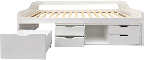 Wit dagbed met 6 laden en een open opbergvak, met een uitneembare lade aan de linkerkant en een houten lattenbodem.