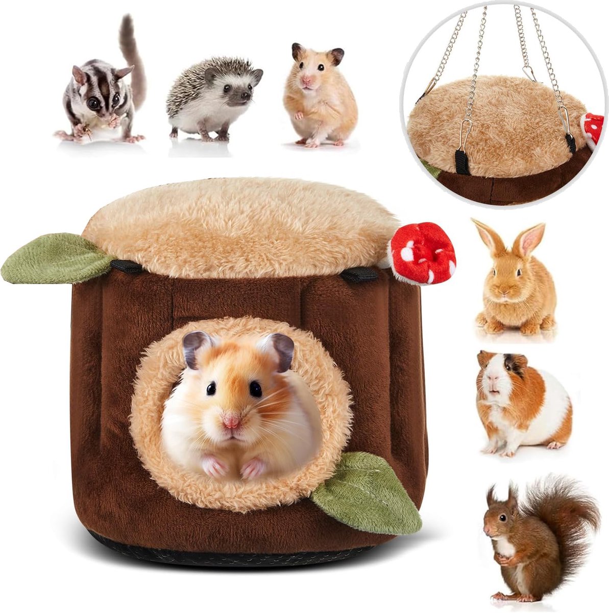 carmdering - Katoennest - Knaagdierenhuisje - Cavia kooi - Hamster bedhuis - Boomstam ontwerp, zacht en tweezijdig - Inclusief 4 haakjes, eenvoudig te hangen - Uitneembaar wasbaar kussen, antislip bodem - Geschikt voor cavia, hamster, konijn en fret