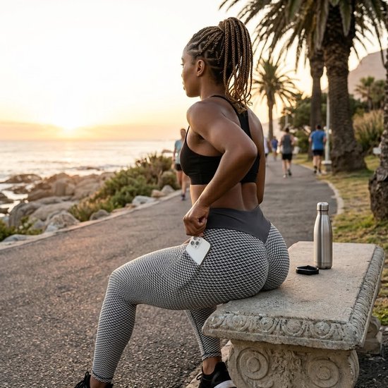 Grijs sport legging dames – high waist fitness legging met honingraat patroon – elastische yoga legging met zijzakken – aansluitende sport broek voor fitness yoga hardlopen en training – maat L — afbeelding 3
