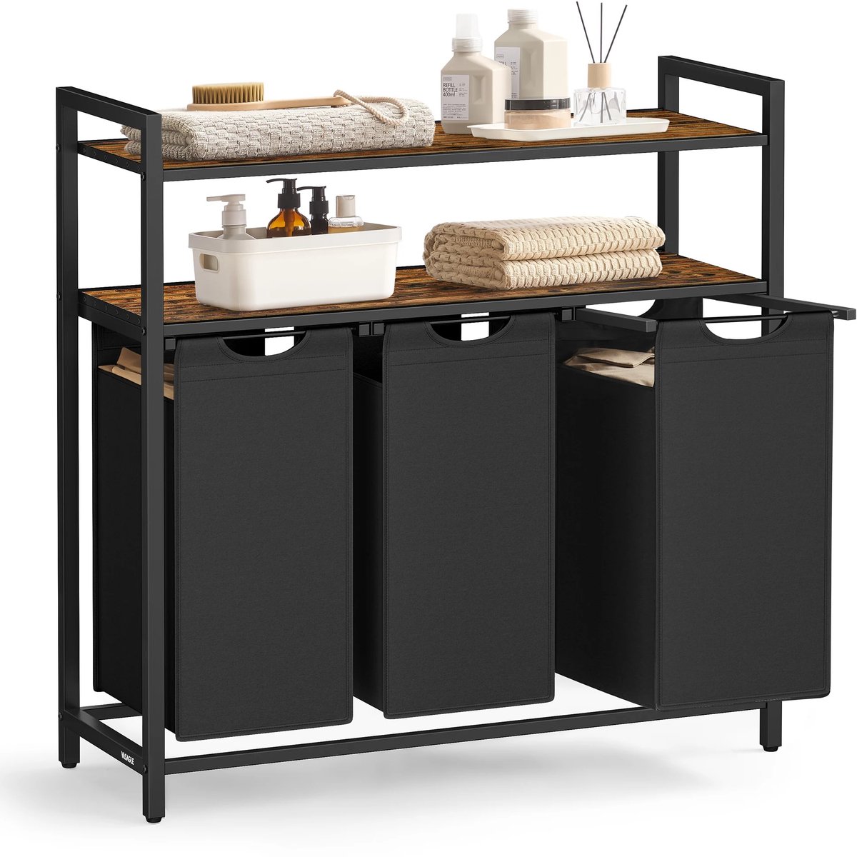 NordHaus - Wassorteerder - 3 Manden - 120L Capaciteit - Met Schap -Zwart Bruin