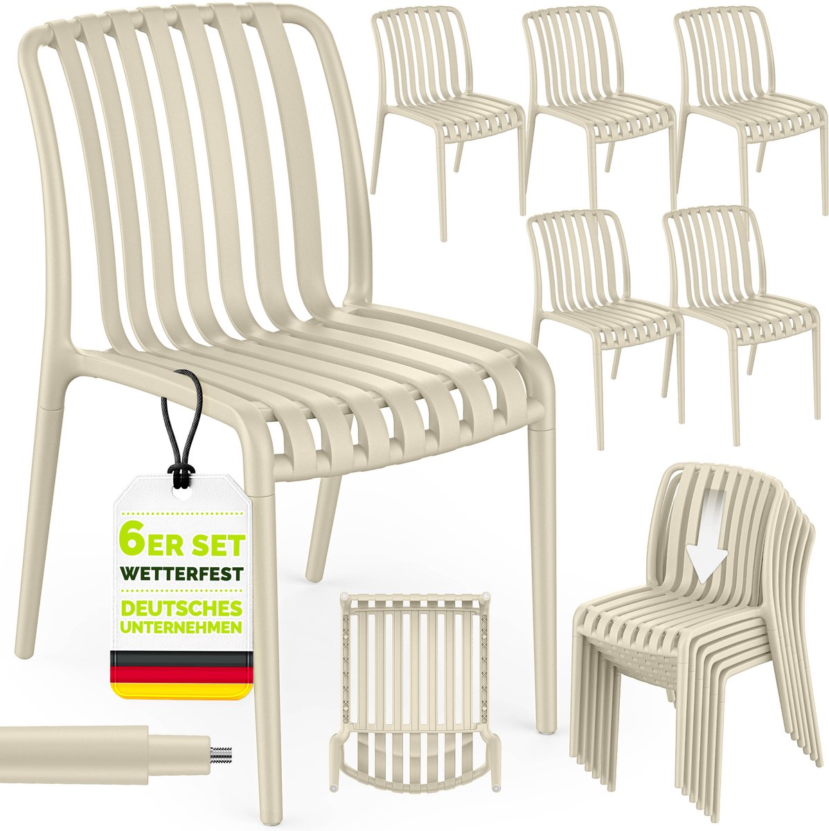 tillvex® Tuinstoelen 6-delige Set Stapelbaar Weerbestendig zonder Armleuning | Outdoor Stoelen tot 120kg Belastbaar | Tuinstoelen Outdoor | Terrasstoel Tuinmeubelen Balkon Tuin Terras