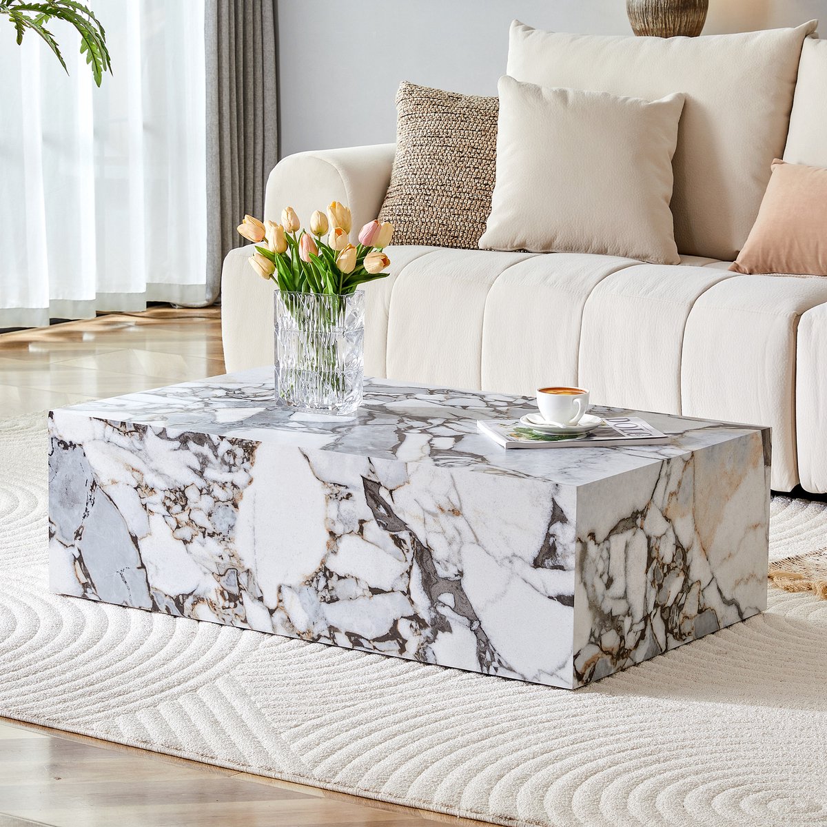 PHOEBE CAT Salontafel - Marmerlook - MDF - Geen montage nodig - Antislipvoetjes - 90 × 50 × 30 cm - Wit + Grijs