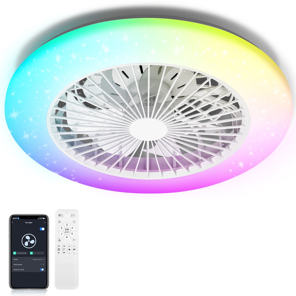 Aigostar 10DUI - Plafondventilator met verlichting - Met Afstandbediening en App - Ø 50cm - 6 standen - Plafonniere met ventilator - Wit