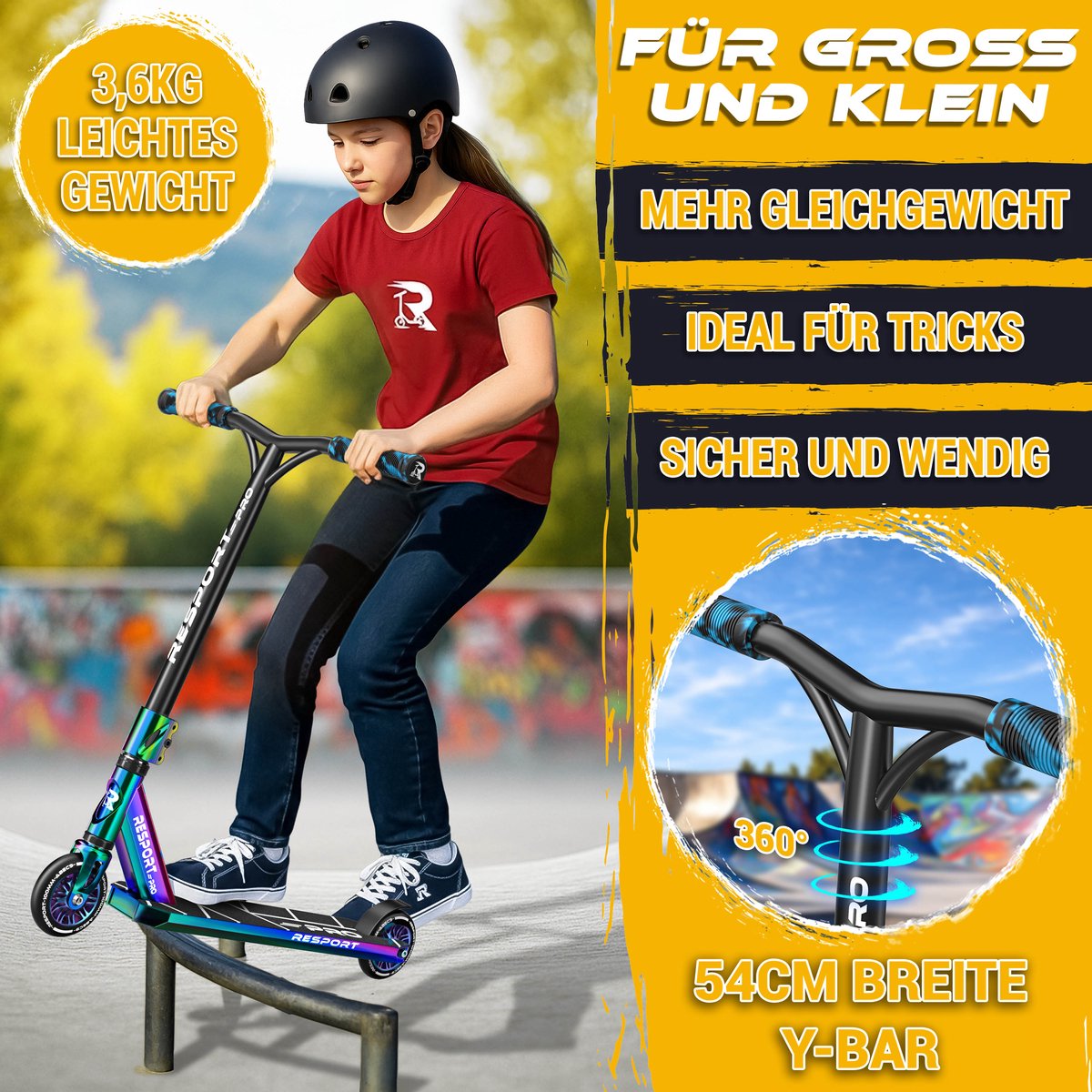 RE:SPORT Revo Pro Stuntstep, voor kinderen en volwassenen, met standaard, 110 mm, PU-wielen en Y-bar, ABEC 9 kogellagers, step (Rainbow Blaze)