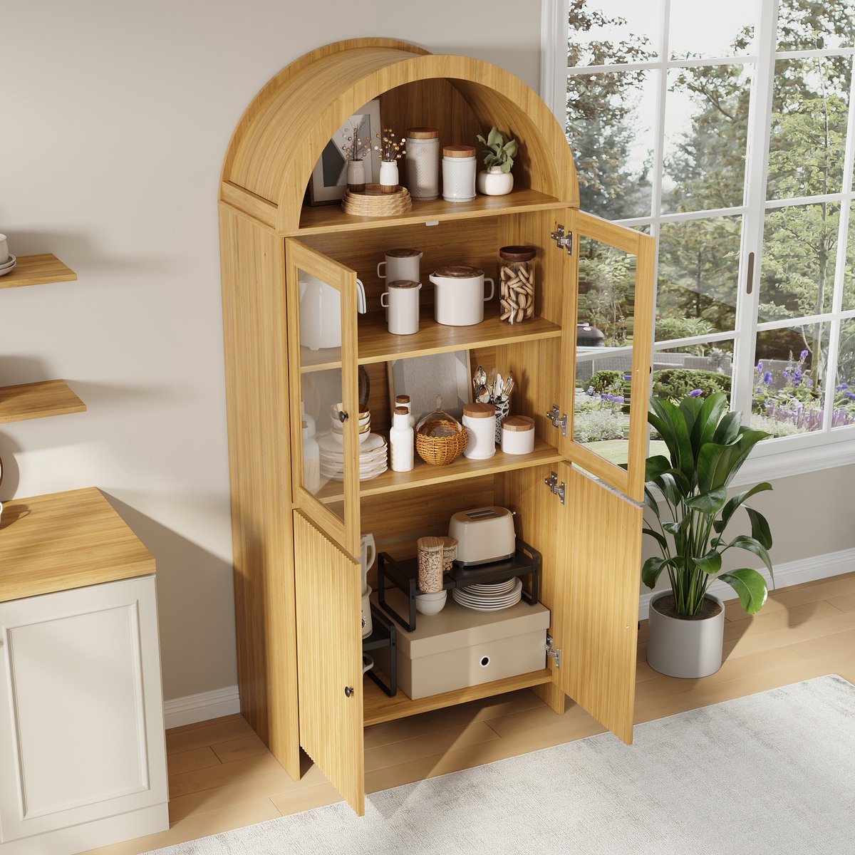 MIVRAY Dressoir - Vitrinekast Met Gebogen Vorm En Glazen Deuren - Voor Woonkamer En Eetkamer - Naturel - 78x40x176 Cm