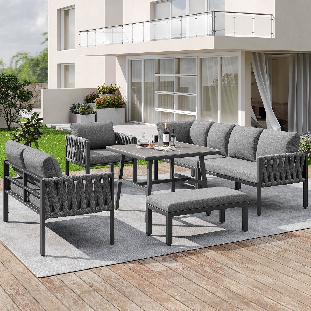 MODENUIT Tuinmeubelset 5-Delig - Hoekbank Met Tafel En Verstelbare Poten - Voor Tuin En Terras - Metaal Grijs