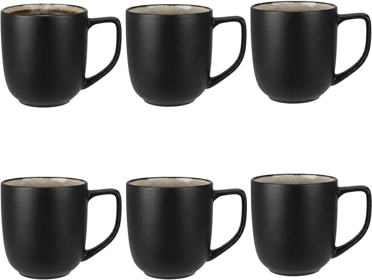 Siaki Koffiemok / theemok Glaze - 6x - mat zwart - 390 ml - mokken - kerammiek - tas