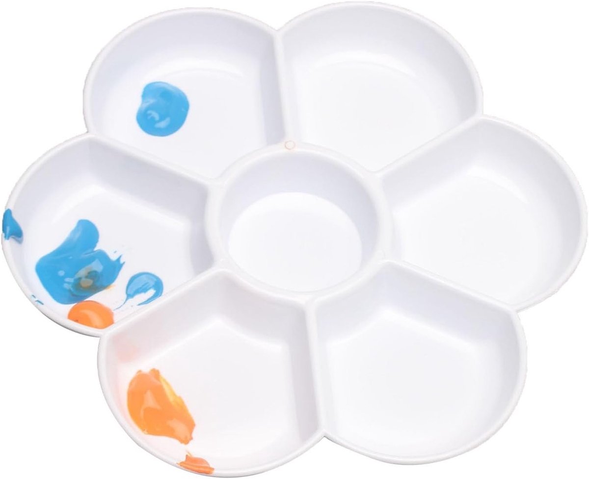 Kleurtablet in Bloemvorm voor Waterverf, Verfpalet en Mengkom, Ideaal voor Schilderen en Creatieve Projecten, Wit Plastic met 7 Vakken, 1 Stuk