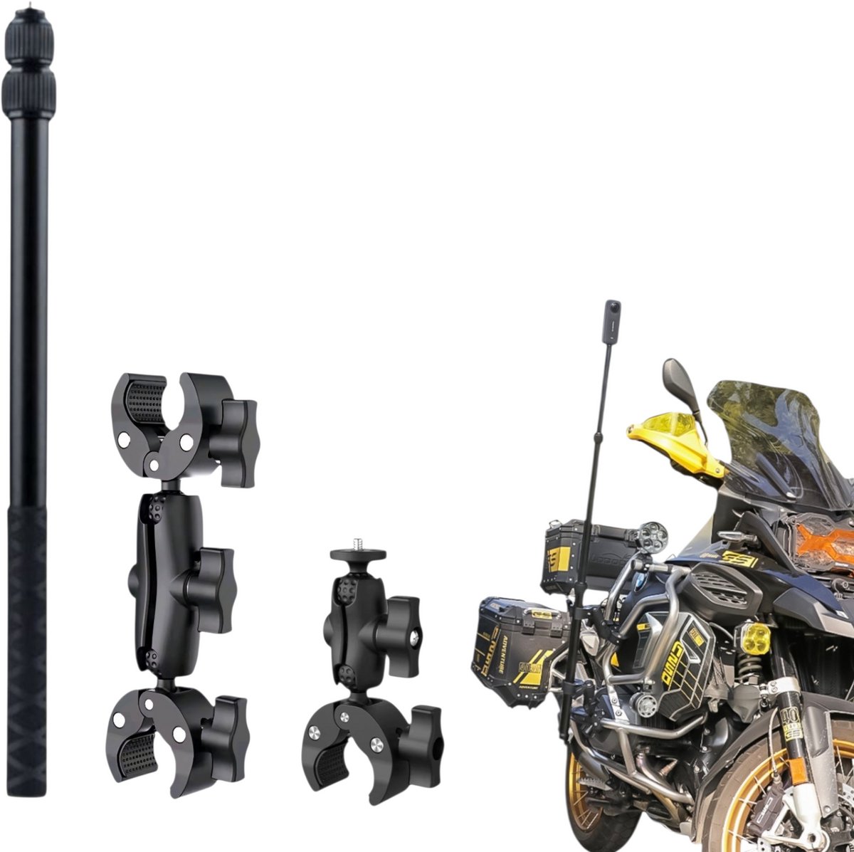Motor Bundle 4 Insta360 - Motor Dubbele Bevestiging -Dubbel Mount- Onzichtbare Pro Selfie Stick 120cm - Aluminium -Insta360 X5 - Klem Mount - Motor bundle Voor Insta360 One X4 - Insta360 one X5 - Motorcycle set for Insta360 -- Pro Motor kit - FPV -I