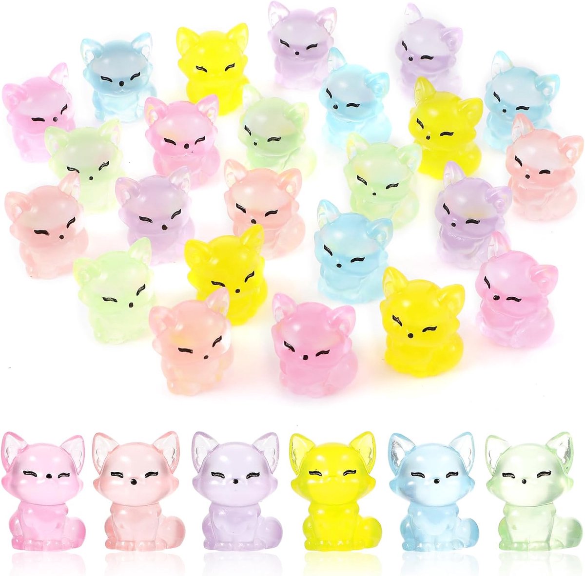 24 Pcs Mini Luminous Resin Fox - Multicoloured Small Fox Decoration - Glowing in the Dark - Cute Fox Figures - Mini Resin Animals voor Dollhouse - Pot Decoration - Aquarium - Garden Decor