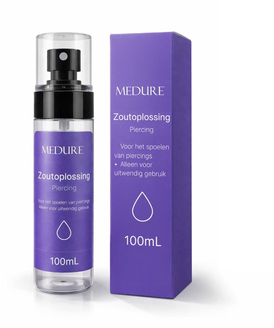 Productfoto van MEDURE Zoutoplossing Piercing spray en doosje op witte achtergrond.