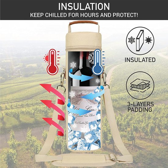 Wijntas voor 1 fles - geïsoleerde wijnkoeltas met handvat, herbruikbare draagtas voor picknick, strand, diner en onderweg - beige — afbeelding 3