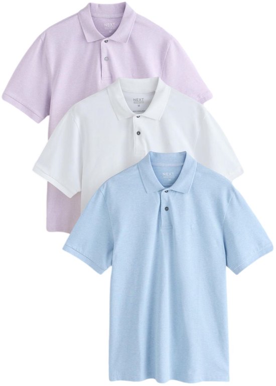 Set van drie Next piqué-poloshirts in de kleuren lila, wit en lichtblauw, elk met korte mouwen.