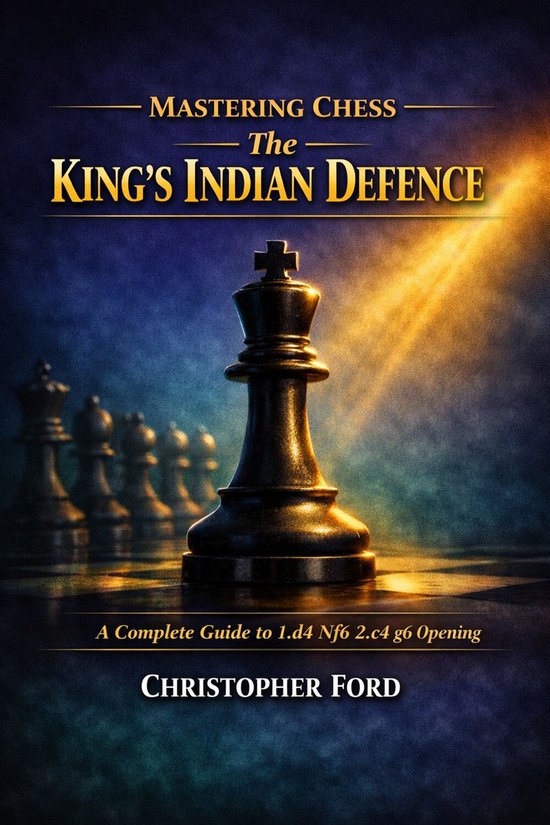 Boek "Mastering Chess: The King's Indian Defence" met een koningsstuk en schaakstukken op de achtergrond. Titel in het goud.