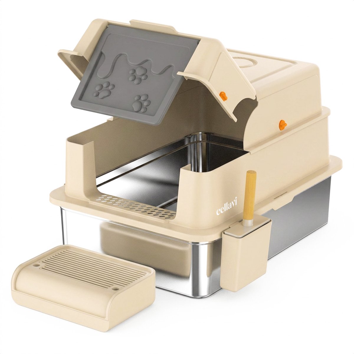 Cellavi RVS Kattenbak XXXL - Extra Grote Gesloten Kattenbak - Hygiënisch & Lekvrij - Met Geurfilter, Deur & Schepje - Duurzaam Kattentoilet - 70×50×42 cm - Beige