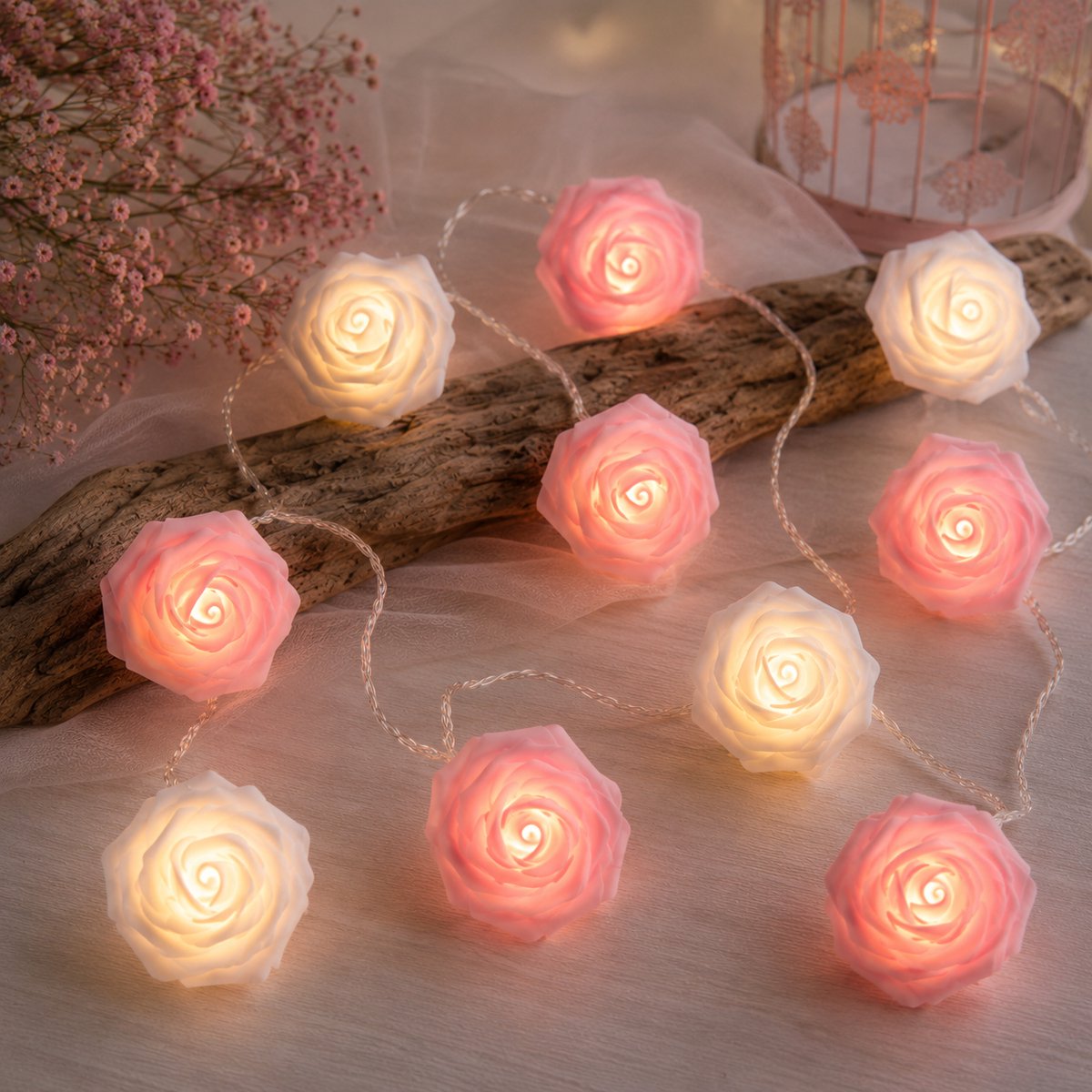 Lynn's Led Rozen Lichtsnoer - Roze & Wit - 3 Meter - 20 Lichtjes - Batterij - Bloemen Lampjes - Slaapkamer