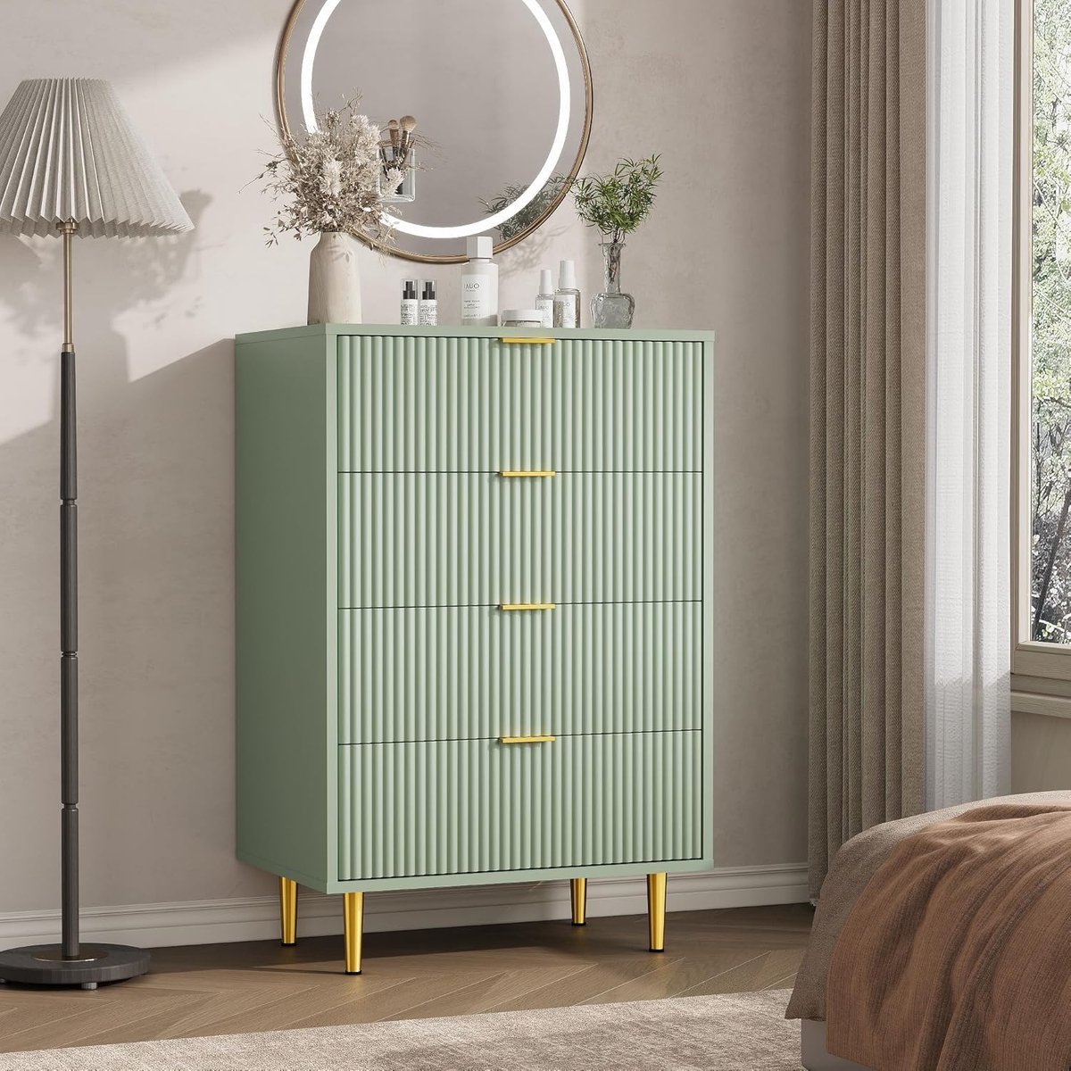 Moderne Ladekast met 4 Laden - Commode met Geribbeld Front & Gouden Handgrepen - Nachtkastje & Bijzettafel - Houten Kast met Metalen Poten - 60 x 40 x 94 cm