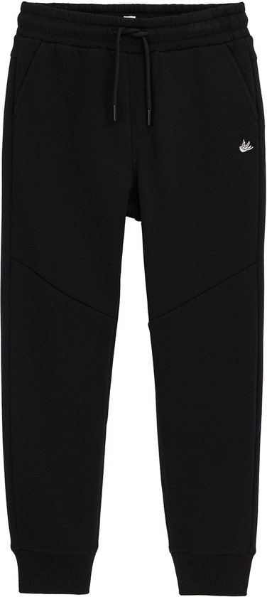 Zwarte joggingbroek met trekkoord, zakken en geborduurd vogel-logo.