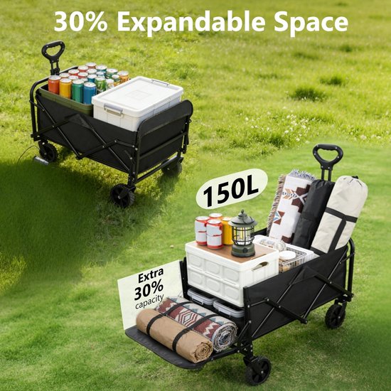 Emvae Bolderkar - Opvouwbare Bolderkar - Bolderwagen - 150L - 75 kg Draagvermogen - Zijvakken - Stalen Frame - Zwart — afbeelding 3