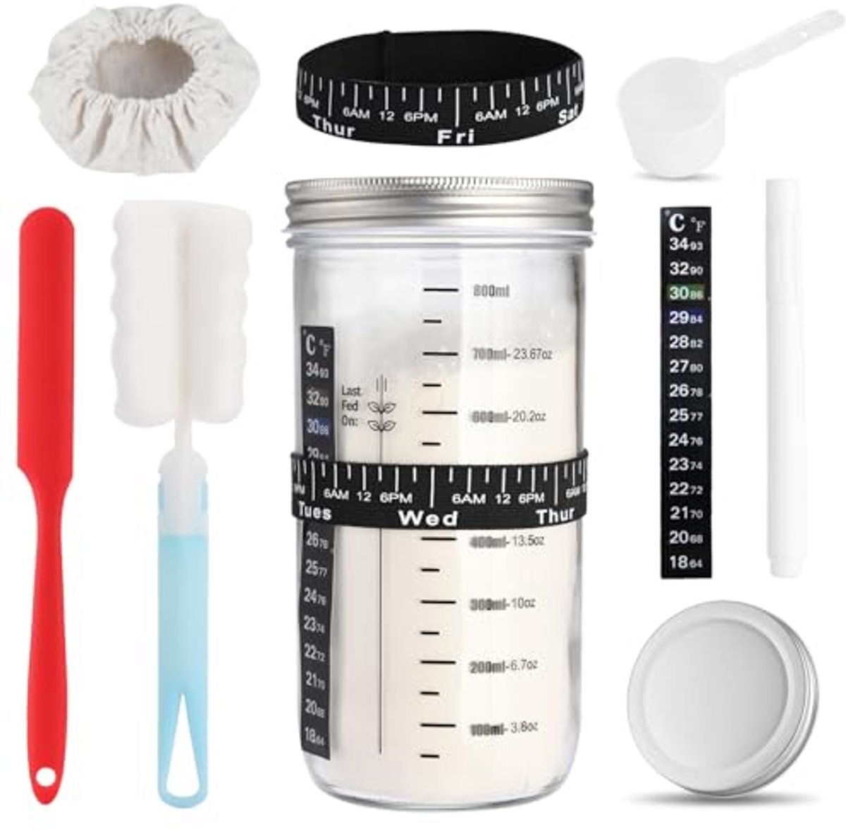 Zuurdeeg Starterset - Fermentatie Glas - Brood Bakken - Compleet Met Accessoires - 1000 ml - Transparant