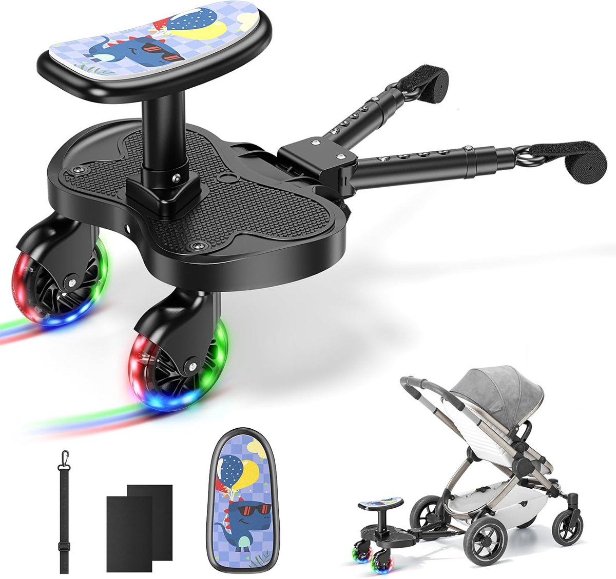 Meerijdplank Kinderwagen - Voetplank Zwart - Reizen met kinderen - Met LED Verlichting - Tot 25 kg - Zwart