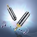 Twee Ugreen audio-adapters met gouden 3,5 mm mannelijke plug en 6,35 mm vrouwelijke ingang.