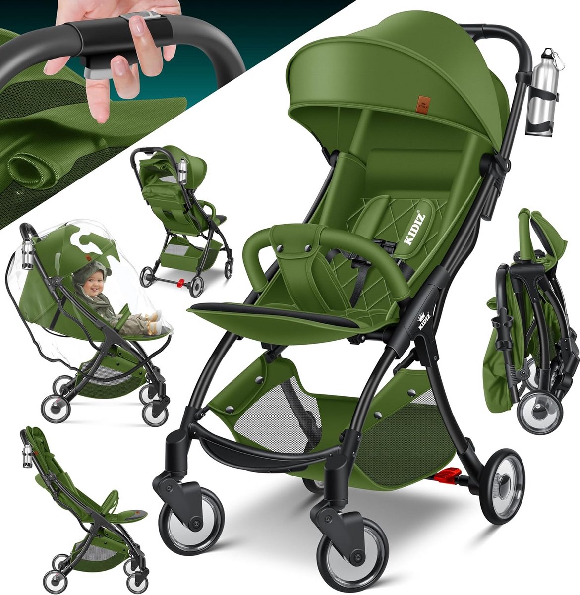 Kinderwagen - Buggy Lichtgewicht - Veilig Vervoer - Inklapbaar Met Eén Hand - 15 kg - Kaki