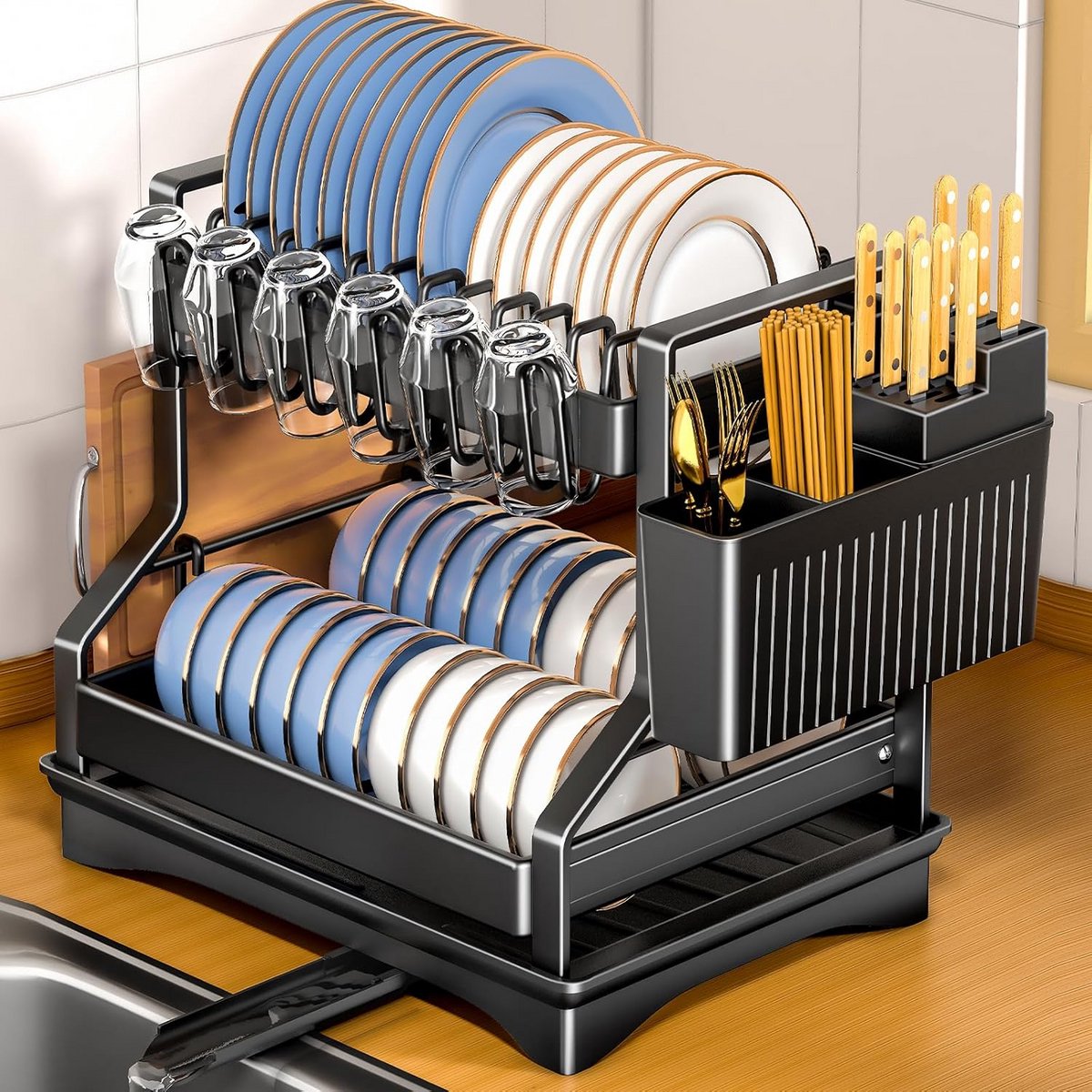 Bestekdroger - Keukenrek - Keuken organiseren - Automatische afvoer - 2-laags - Zwart