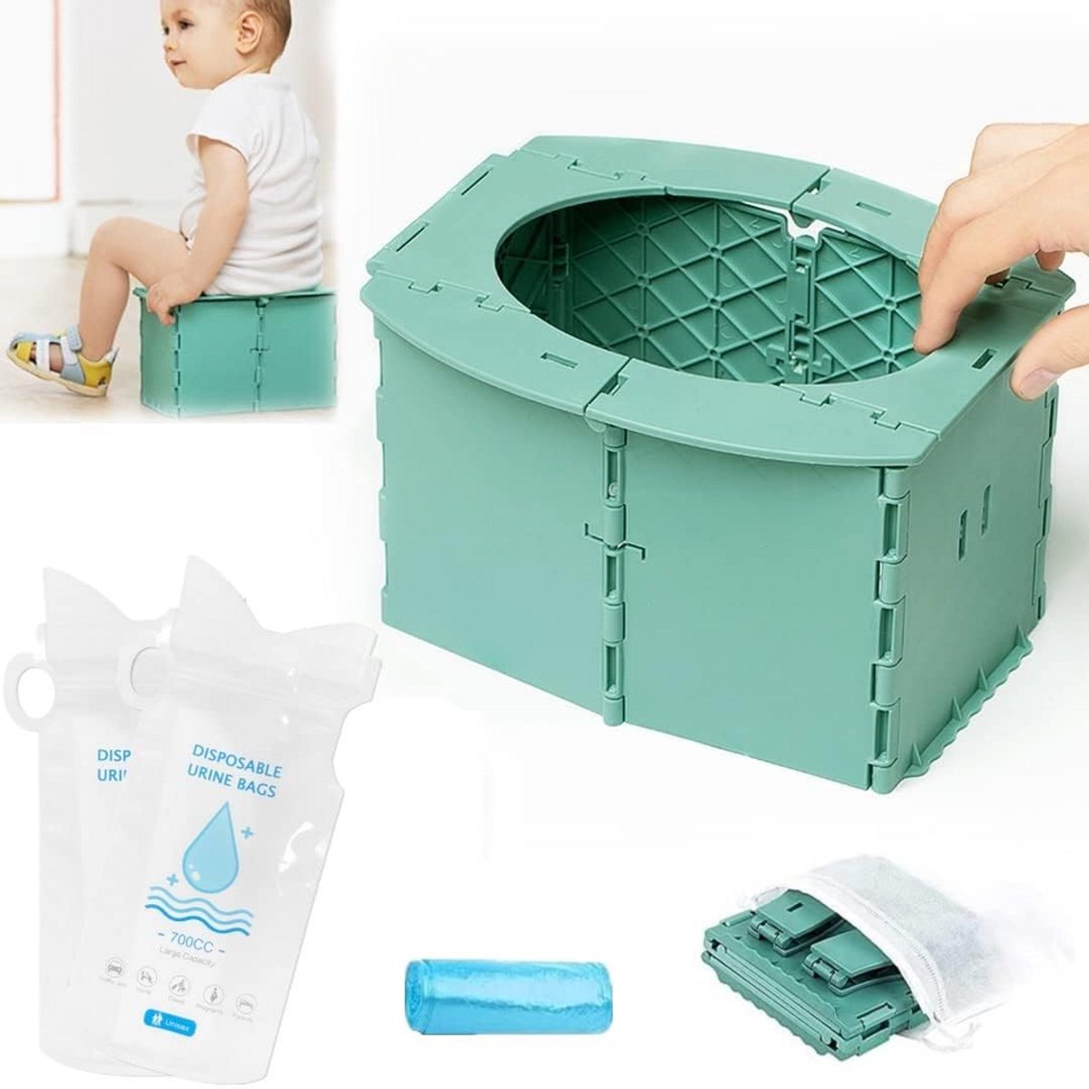 Reis Potje Kinderen - Opvouwbaar Toilet - Onderweg Zindelijk - Inclusief Urine Zakjes - 22 x 14 cm - Groen