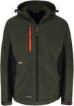 Olijfgroene softshell werkjas met zwarte zijpanelen en oranje ritsen op de borstzakken.
